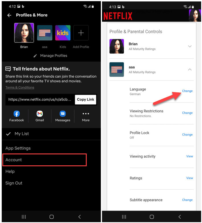 Cuenta de la aplicación de Netflix para Android